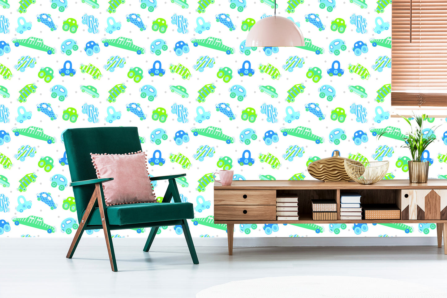 Wallpaper For Children - Blue - Green Cars