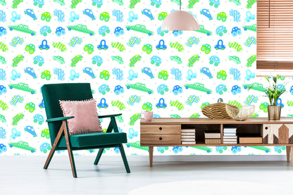 Wallpaper For Children - Blue - Green Cars