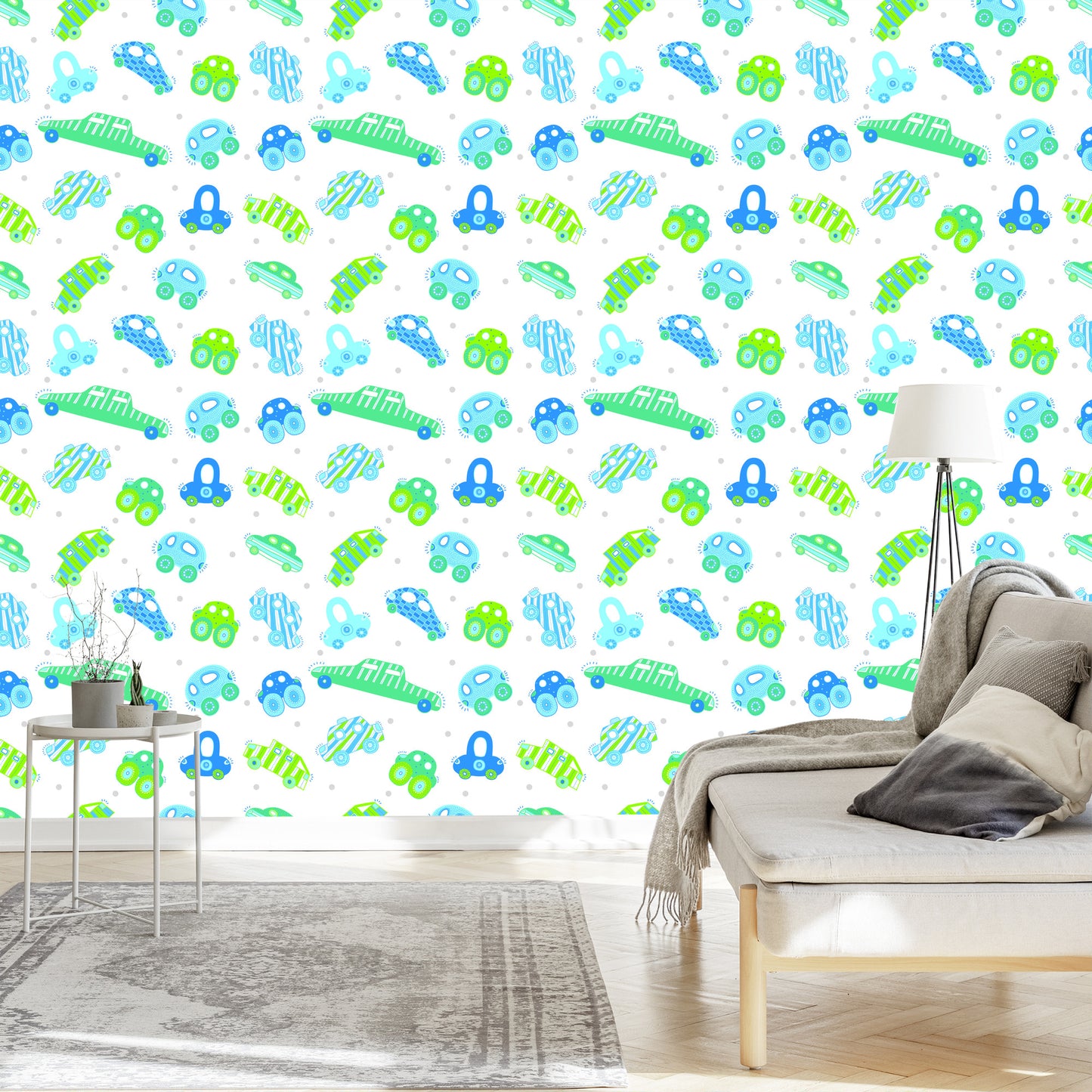 Wallpaper For Children - Blue - Green Cars