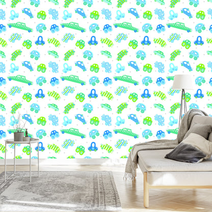 Wallpaper For Children - Blue - Green Cars