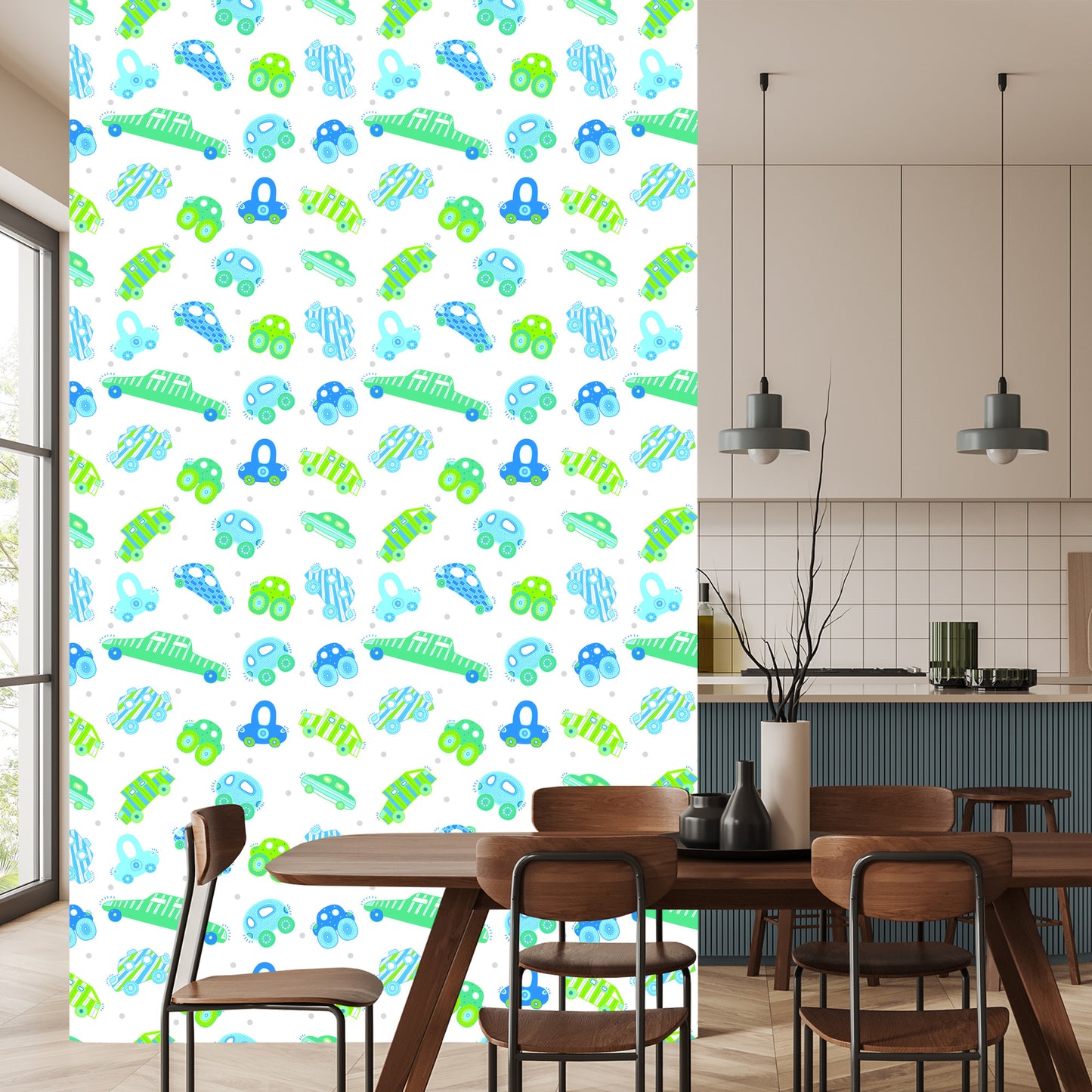 Wallpaper For Children - Blue - Green Cars