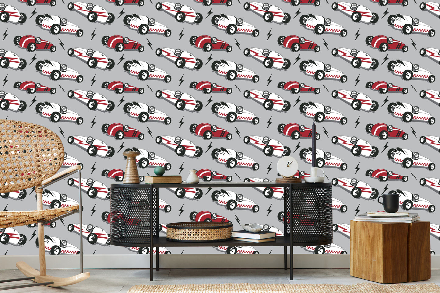 Wallpaper For Children - Racing Cars In Vintage Style