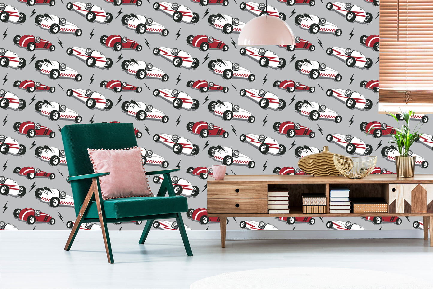 Wallpaper For Children - Racing Cars In Vintage Style
