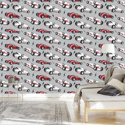 Wallpaper For Children - Racing Cars In Vintage Style