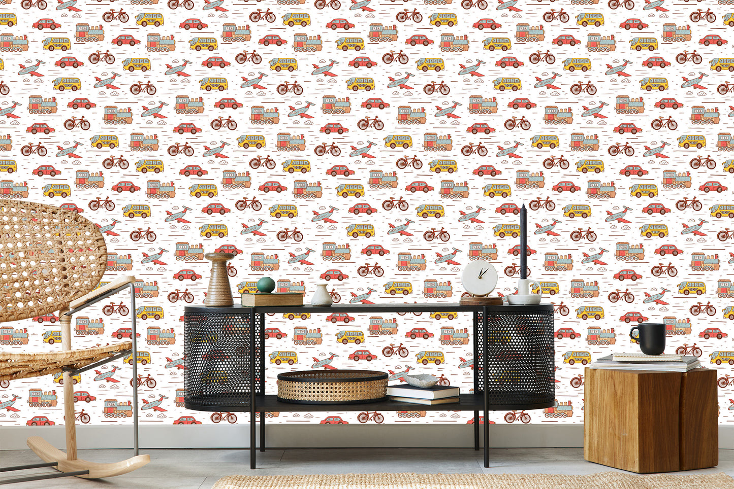 Wallpaper For A Child's Room In A Car, Airplanes, Bikes