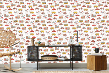 Wallpaper For A Child's Room In A Car, Airplanes, Bikes