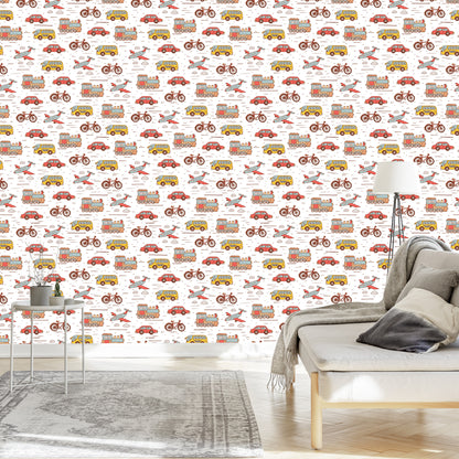 Wallpaper For A Child's Room In A Car, Airplanes, Bikes