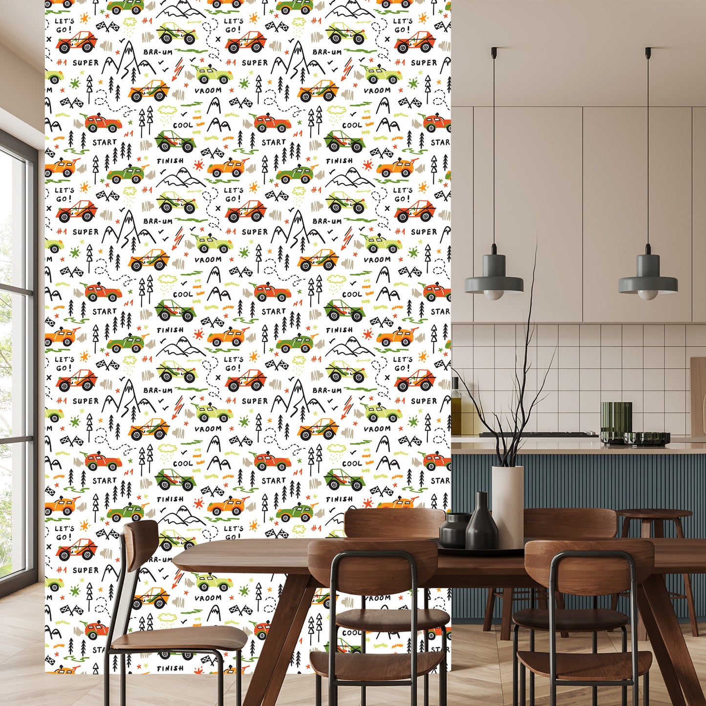 Wallpaper Colorful Car Tree Top For A Baby's Room