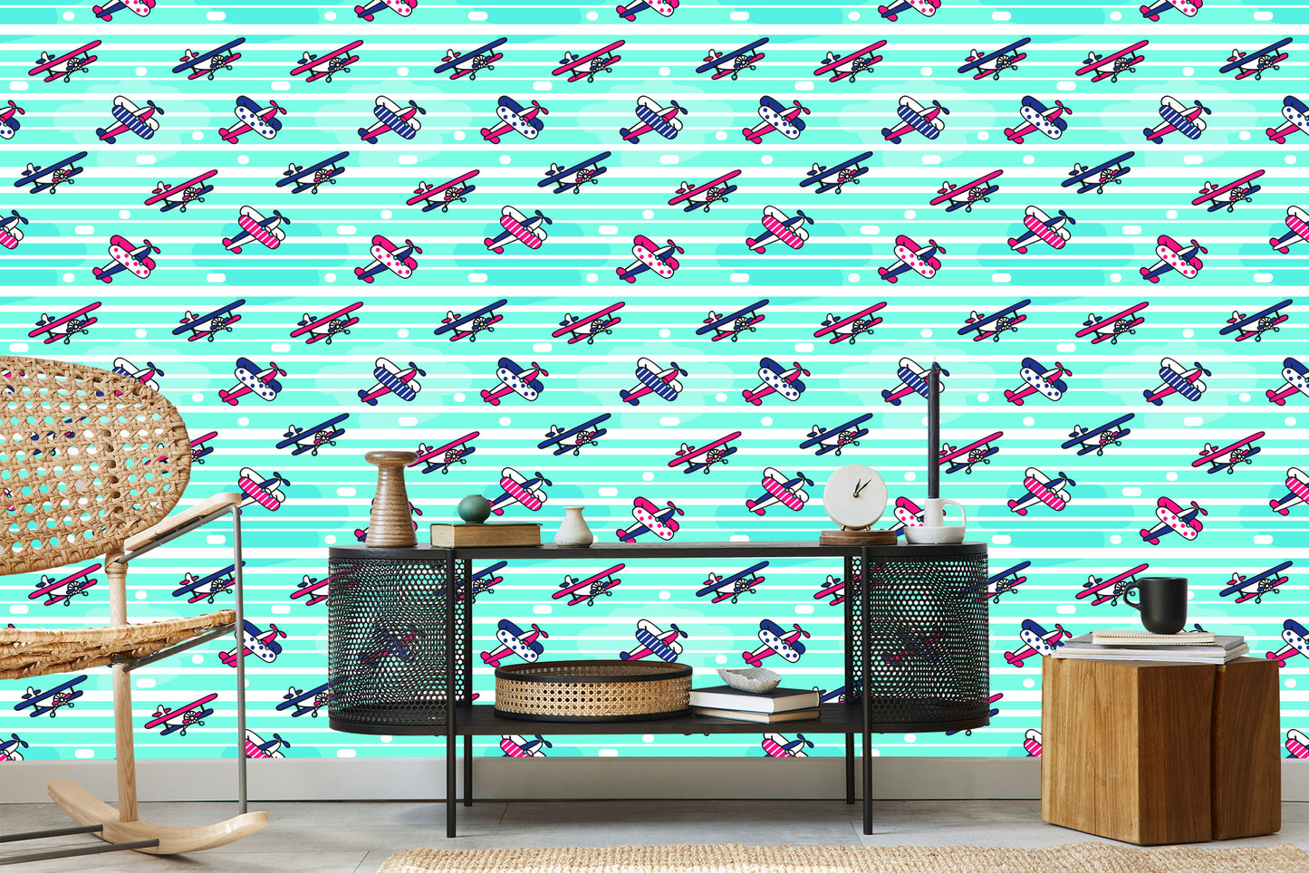 Wallpaper Fairytale Airplanes On A Striped Background