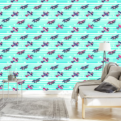 Wallpaper Fairytale Airplanes On A Striped Background