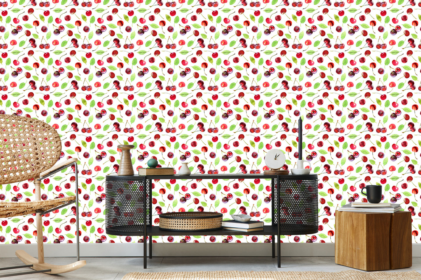 Wallpaper In The Fruit Of Cherries Leaves For The Kitchen