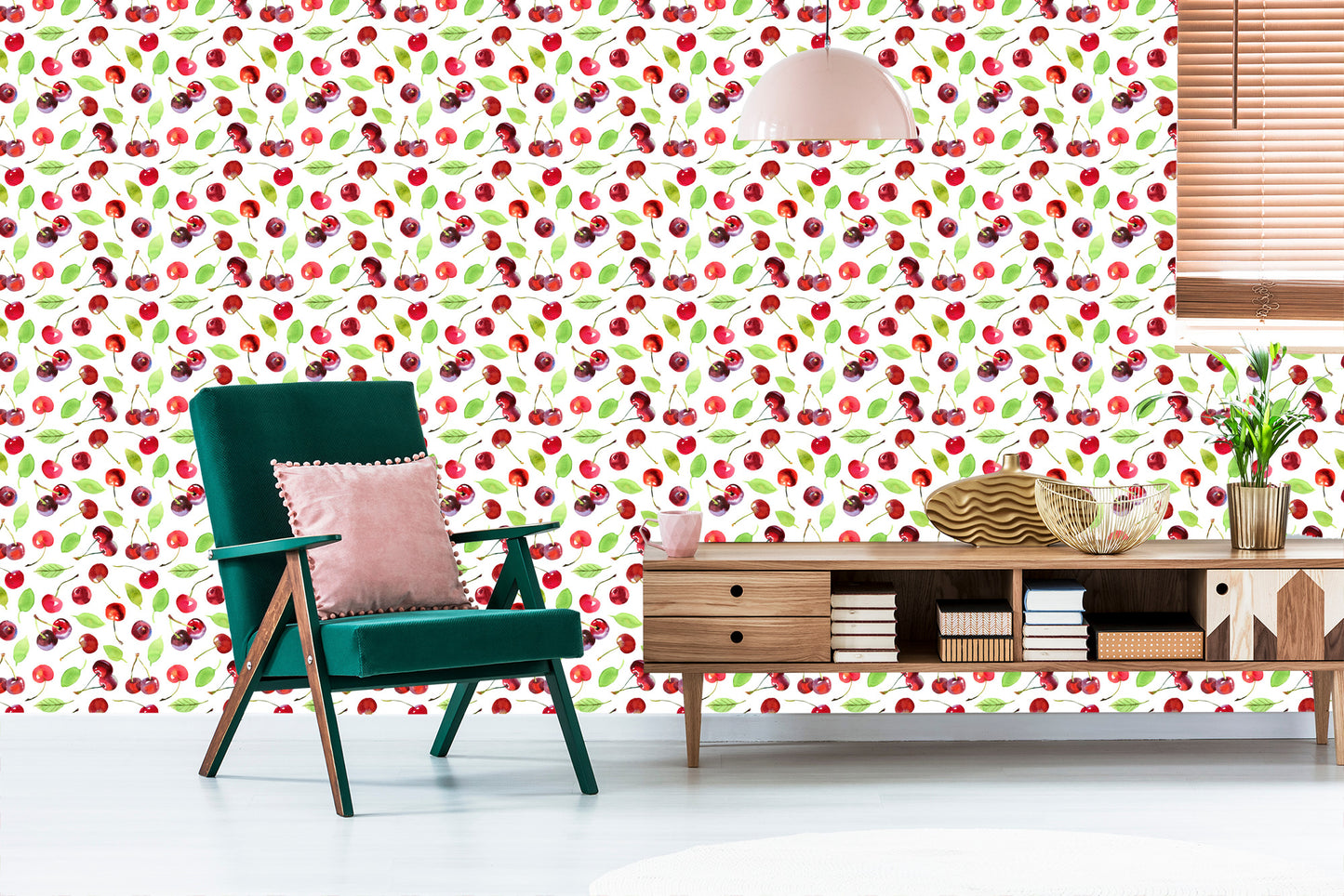 Wallpaper In The Fruit Of Cherries Leaves For The Kitchen