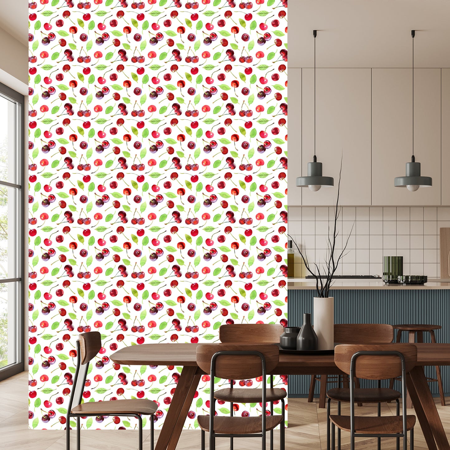 Wallpaper In The Fruit Of Cherries Leaves For The Kitchen
