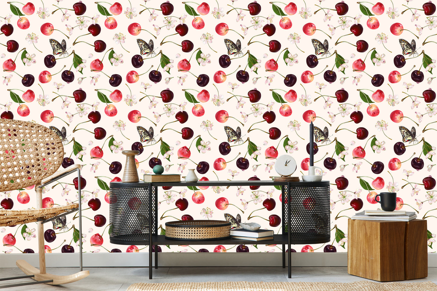 Wallpaper For Kitchen, Fruits, Cherries, Flowers, Butterflies