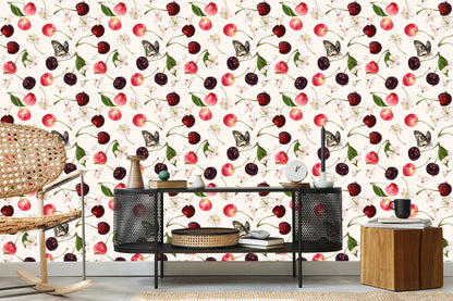 Wallpaper For Kitchen, Fruits, Cherries, Flowers, Butterflies
