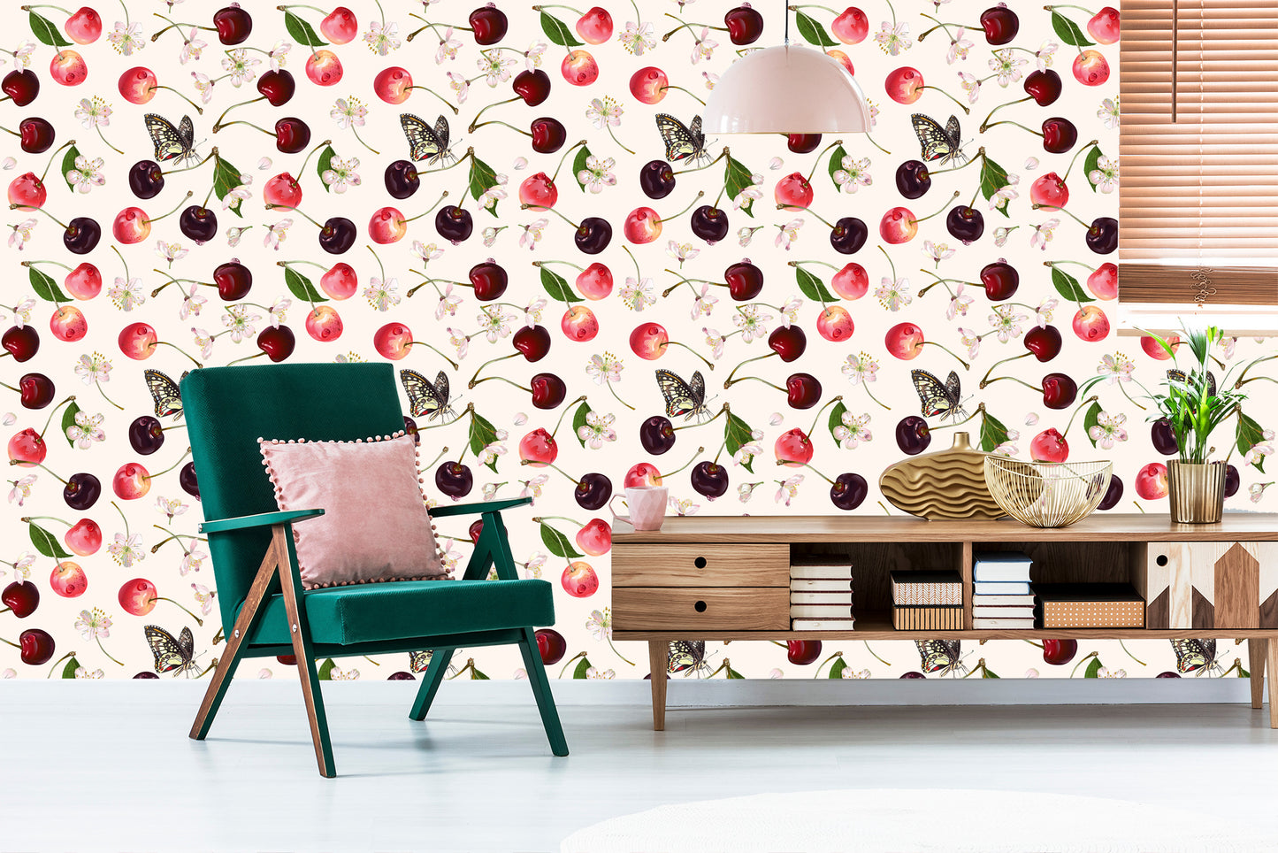 Wallpaper For Kitchen, Fruits, Cherries, Flowers, Butterflies