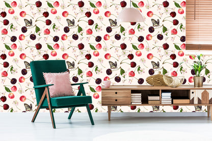 Wallpaper For Kitchen, Fruits, Cherries, Flowers, Butterflies