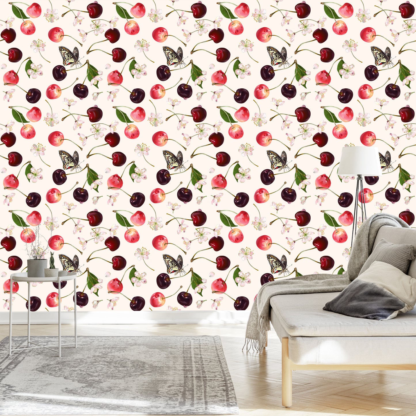 Wallpaper For Kitchen, Fruits, Cherries, Flowers, Butterflies