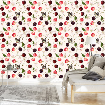 Wallpaper For Kitchen, Fruits, Cherries, Flowers, Butterflies