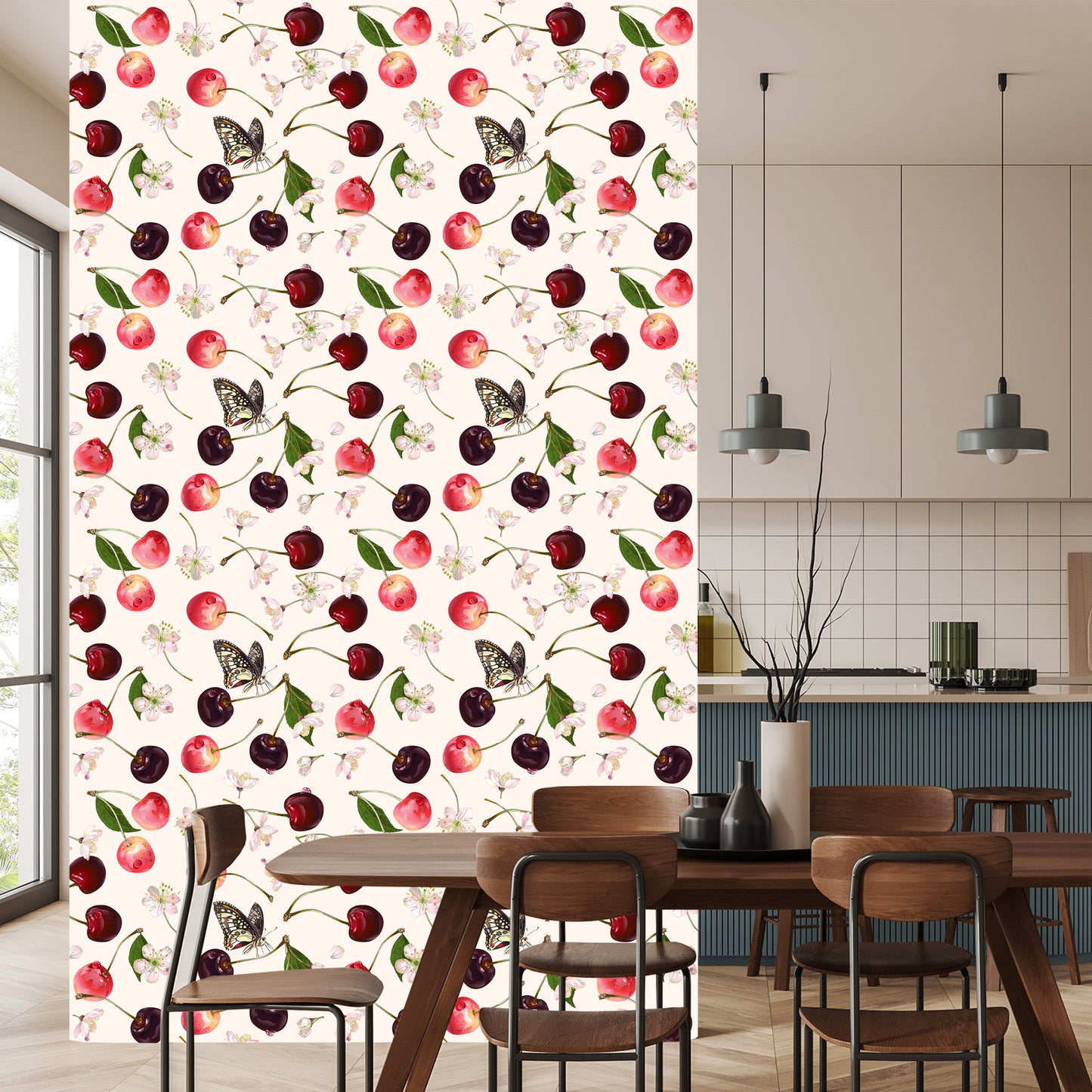 Wallpaper For Kitchen, Fruits, Cherries, Flowers, Butterflies