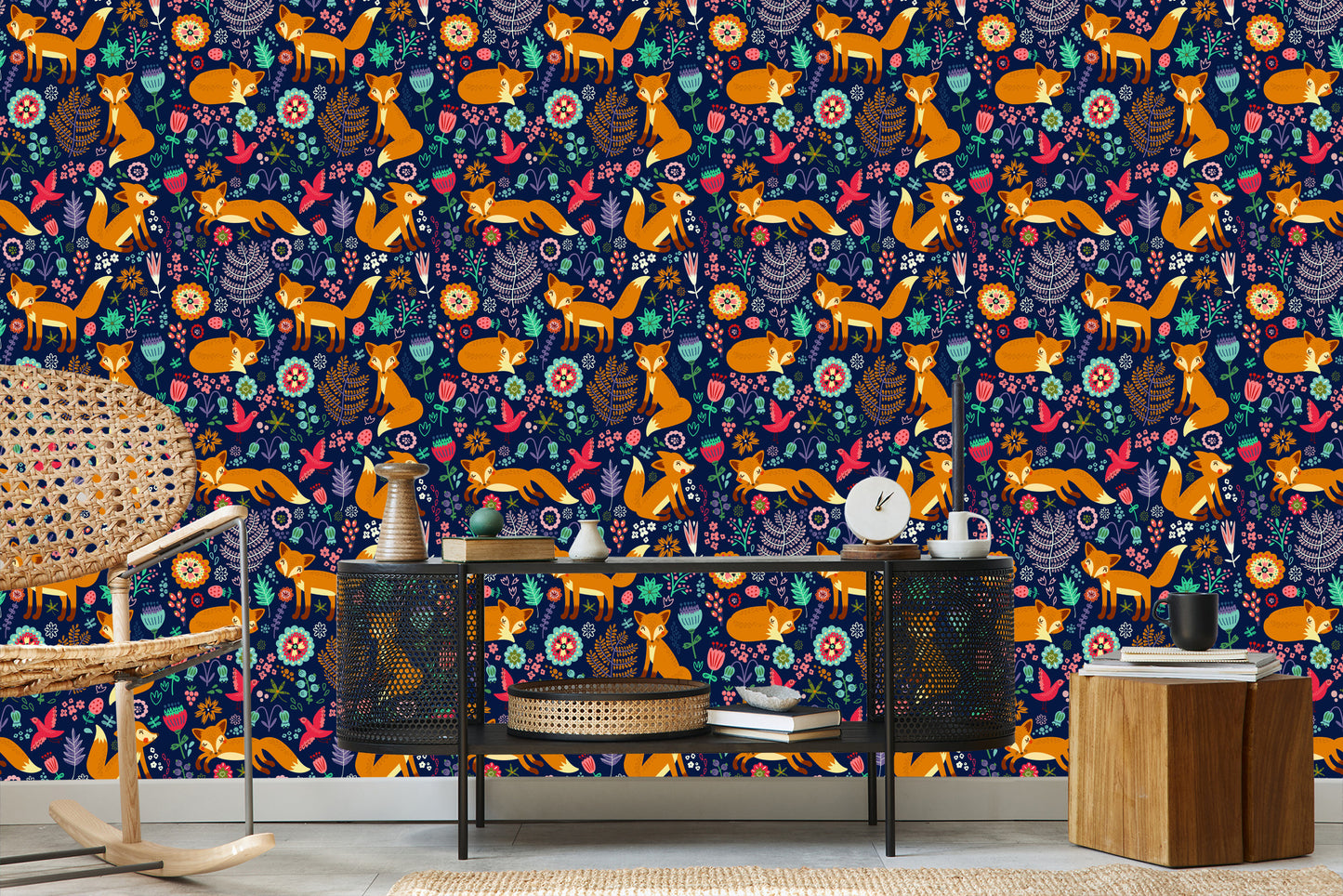 Wallpaper Foxes With Flowers In Folklore Style