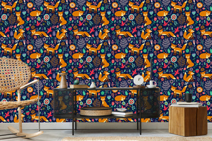 Wallpaper Foxes With Flowers In Folklore Style