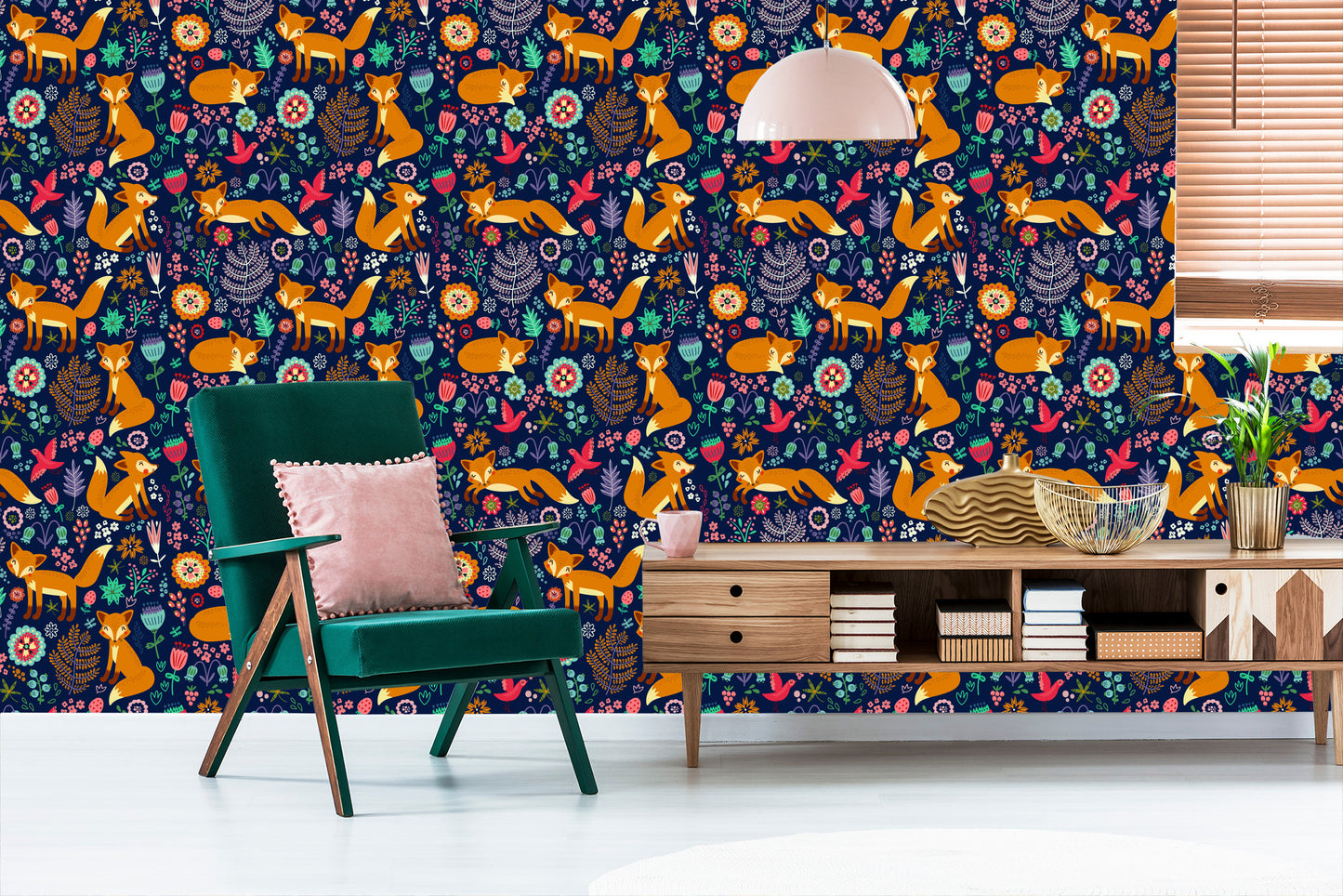 Wallpaper Foxes With Flowers In Folklore Style