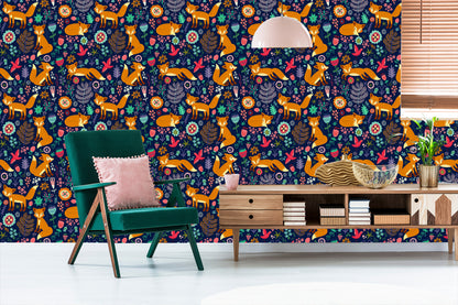Wallpaper Foxes With Flowers In Folklore Style