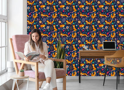 Wallpaper Foxes With Flowers In Folklore Style
