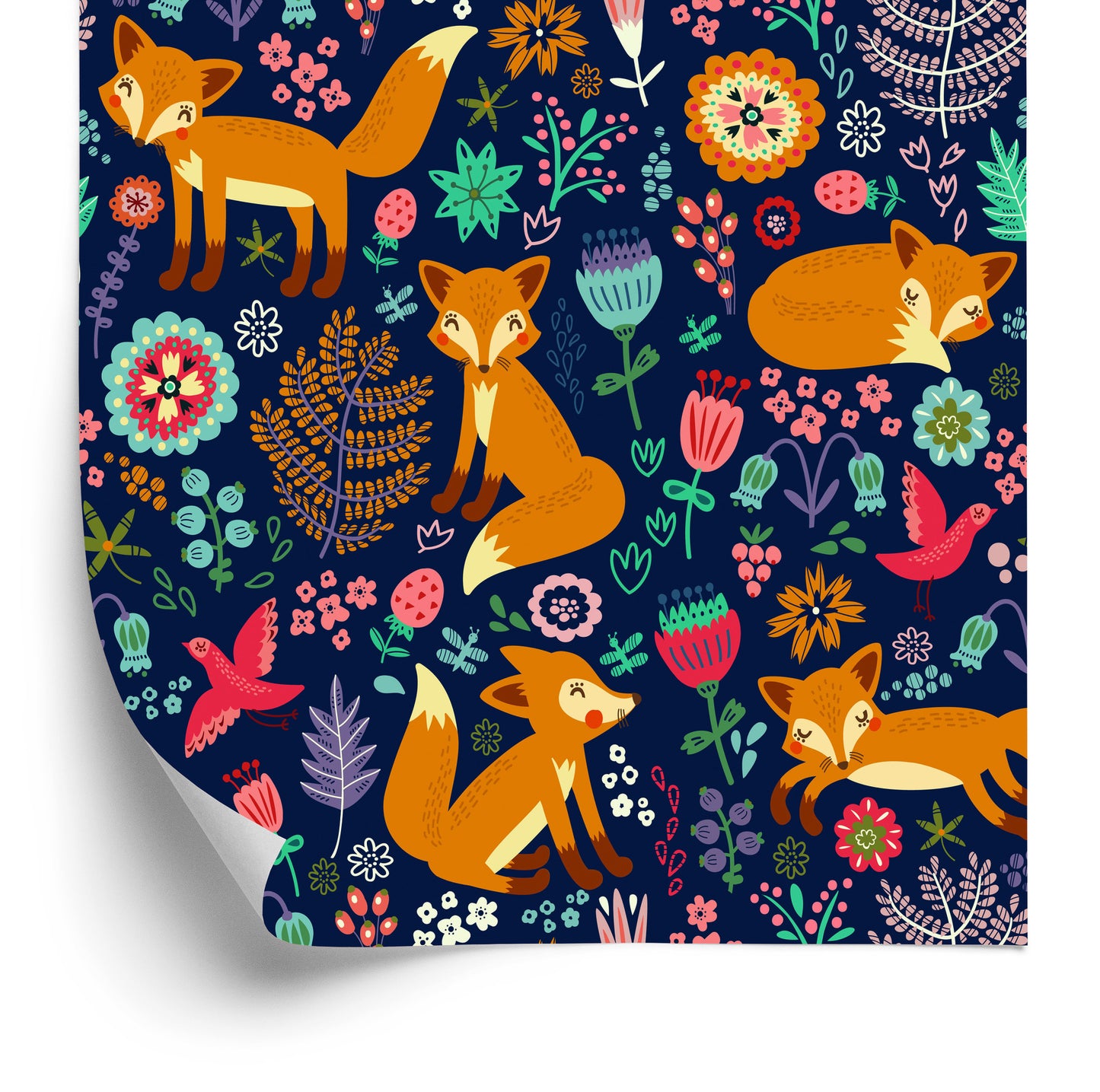 Wallpaper Foxes With Flowers In Folklore Style