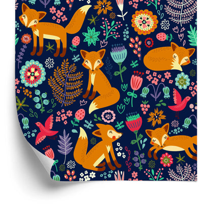 Wallpaper Foxes With Flowers In Folklore Style