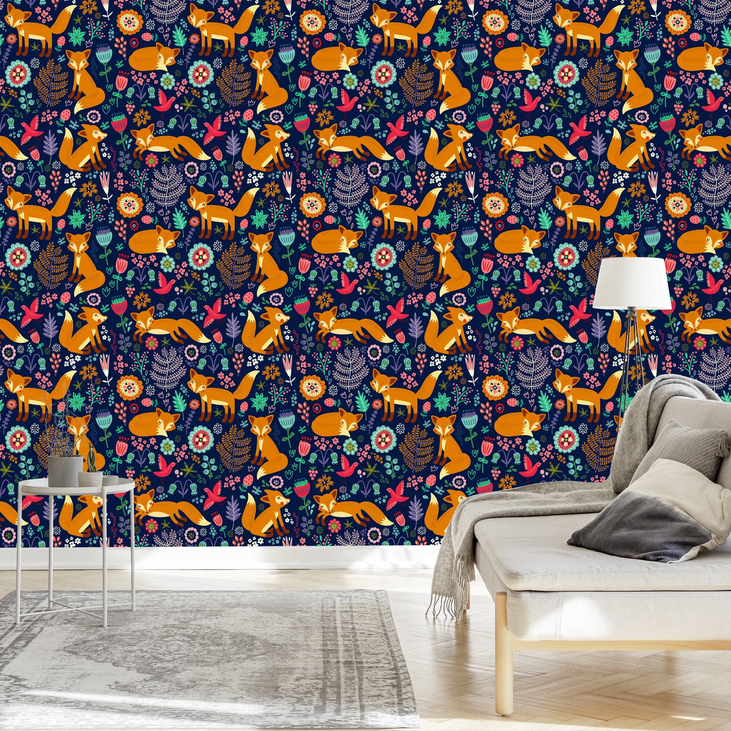 Wallpaper Foxes With Flowers In Folklore Style