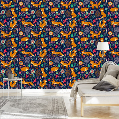Wallpaper Foxes With Flowers In Folklore Style