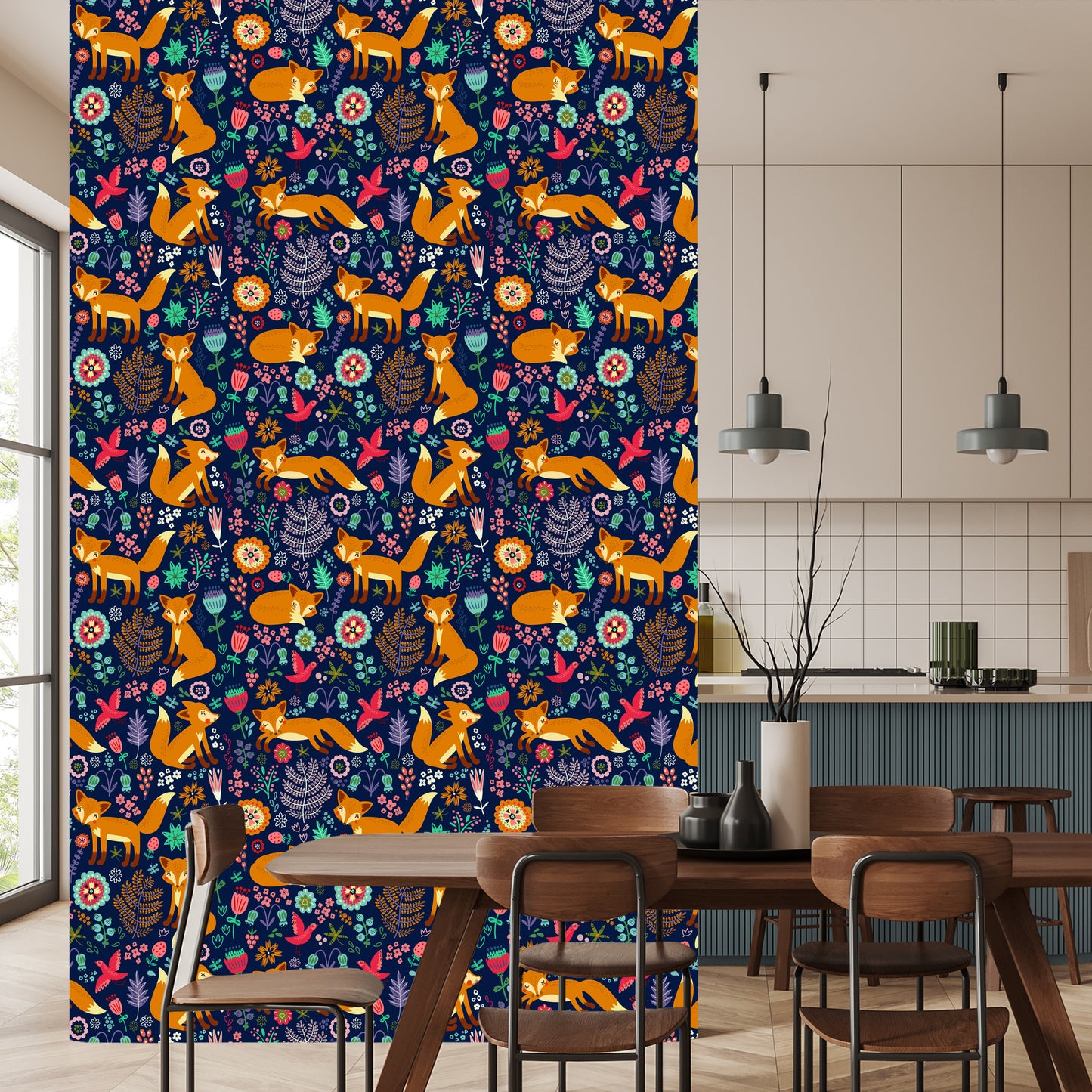 Wallpaper Foxes With Flowers In Folklore Style