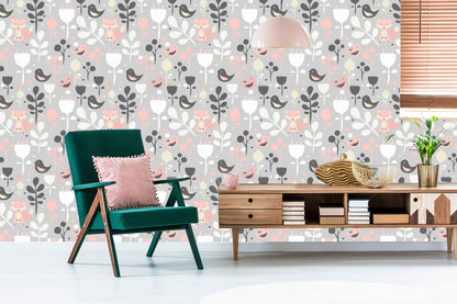Wallpaper Foxes With Flowers And Birds