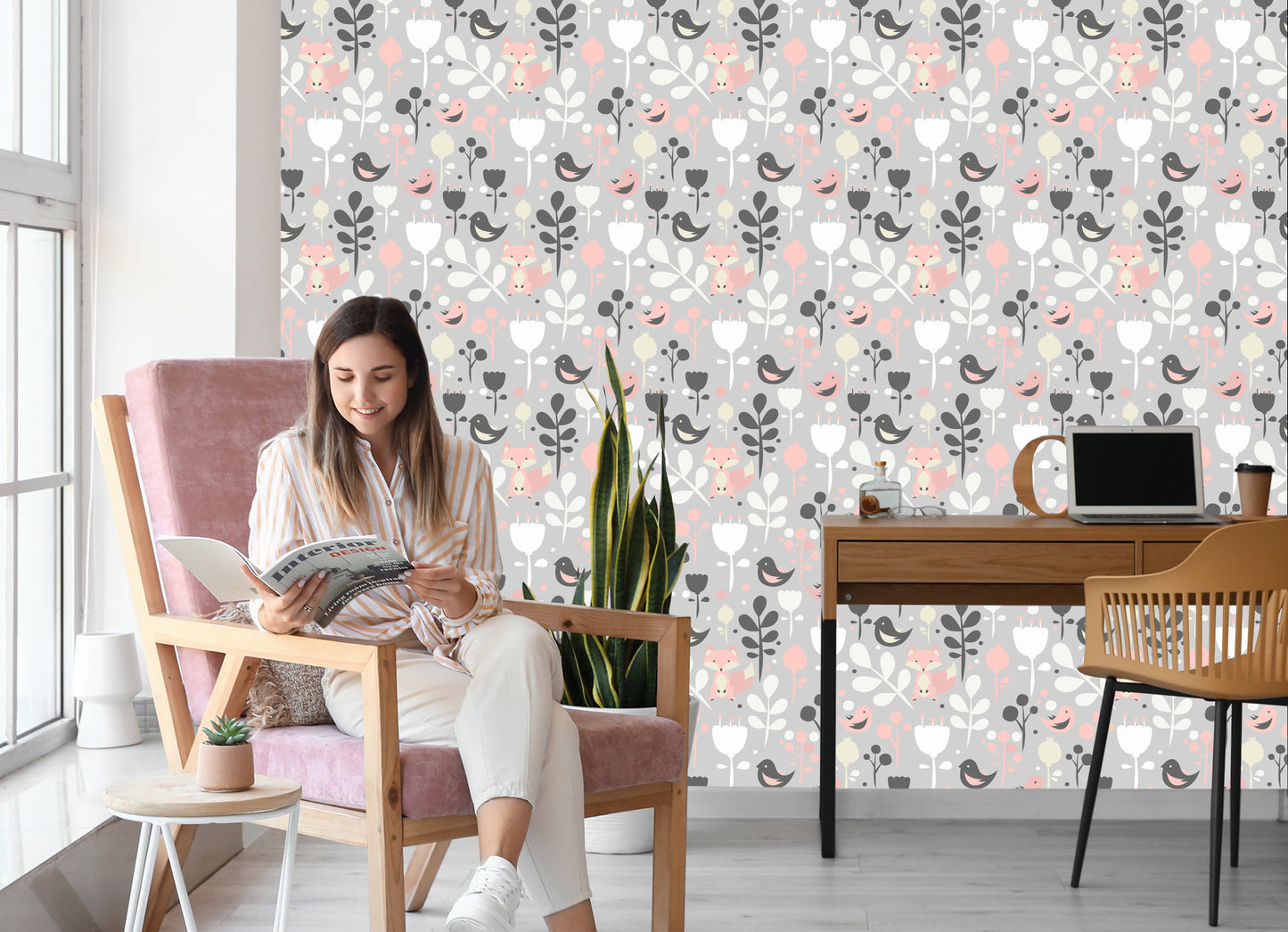Wallpaper Foxes With Flowers And Birds