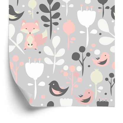 Wallpaper Foxes With Flowers And Birds