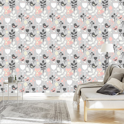 Wallpaper Foxes With Flowers And Birds