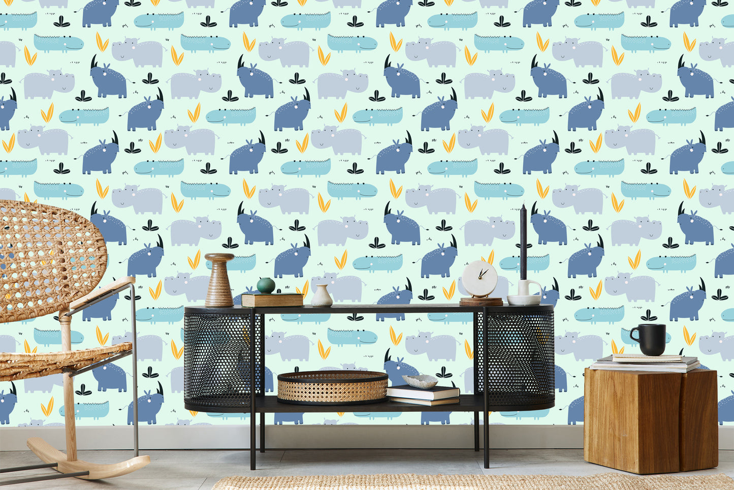 Wallpaper For Children - Happy Rhinos And Crocodiles