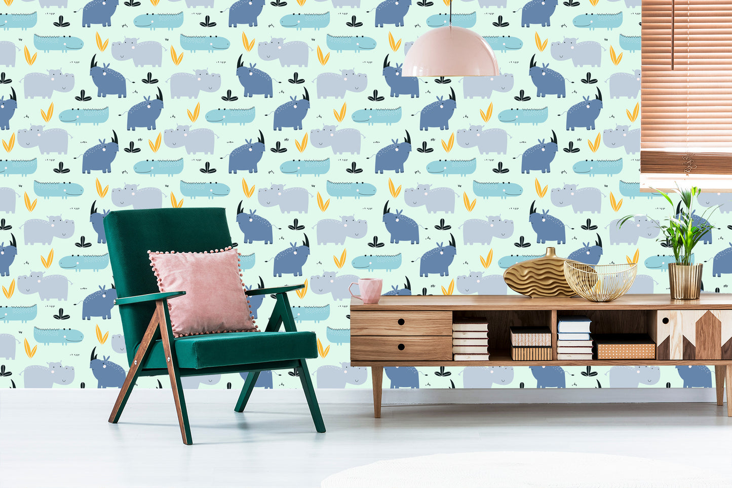 Wallpaper For Children - Happy Rhinos And Crocodiles