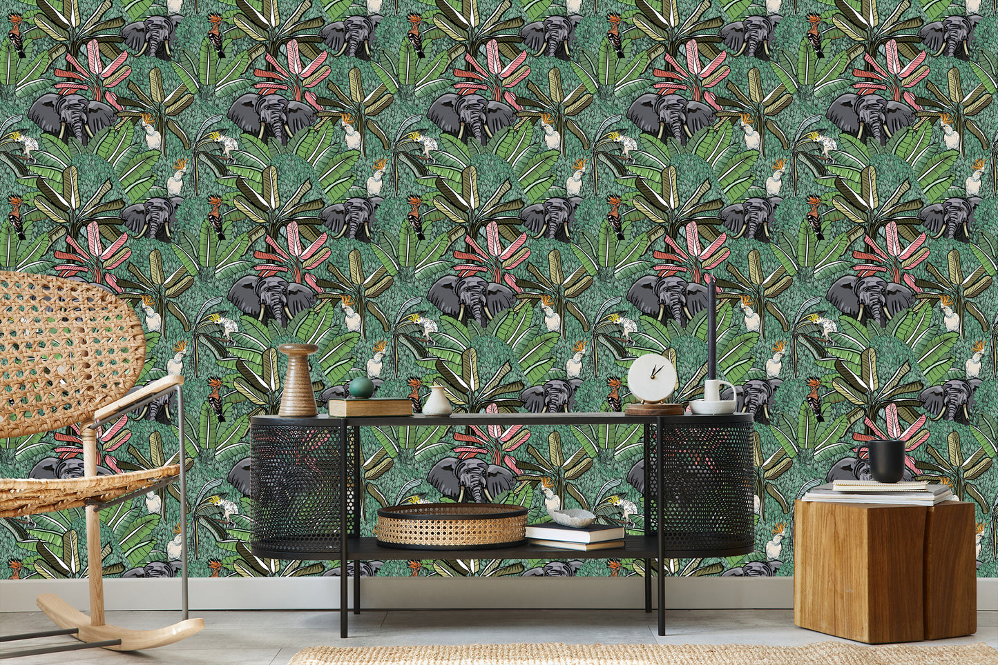 Wallpaper Elephants, Birds And Trees