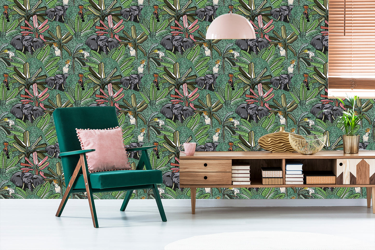 Wallpaper Elephants, Birds And Trees