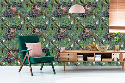 Wallpaper Elephants, Birds And Trees