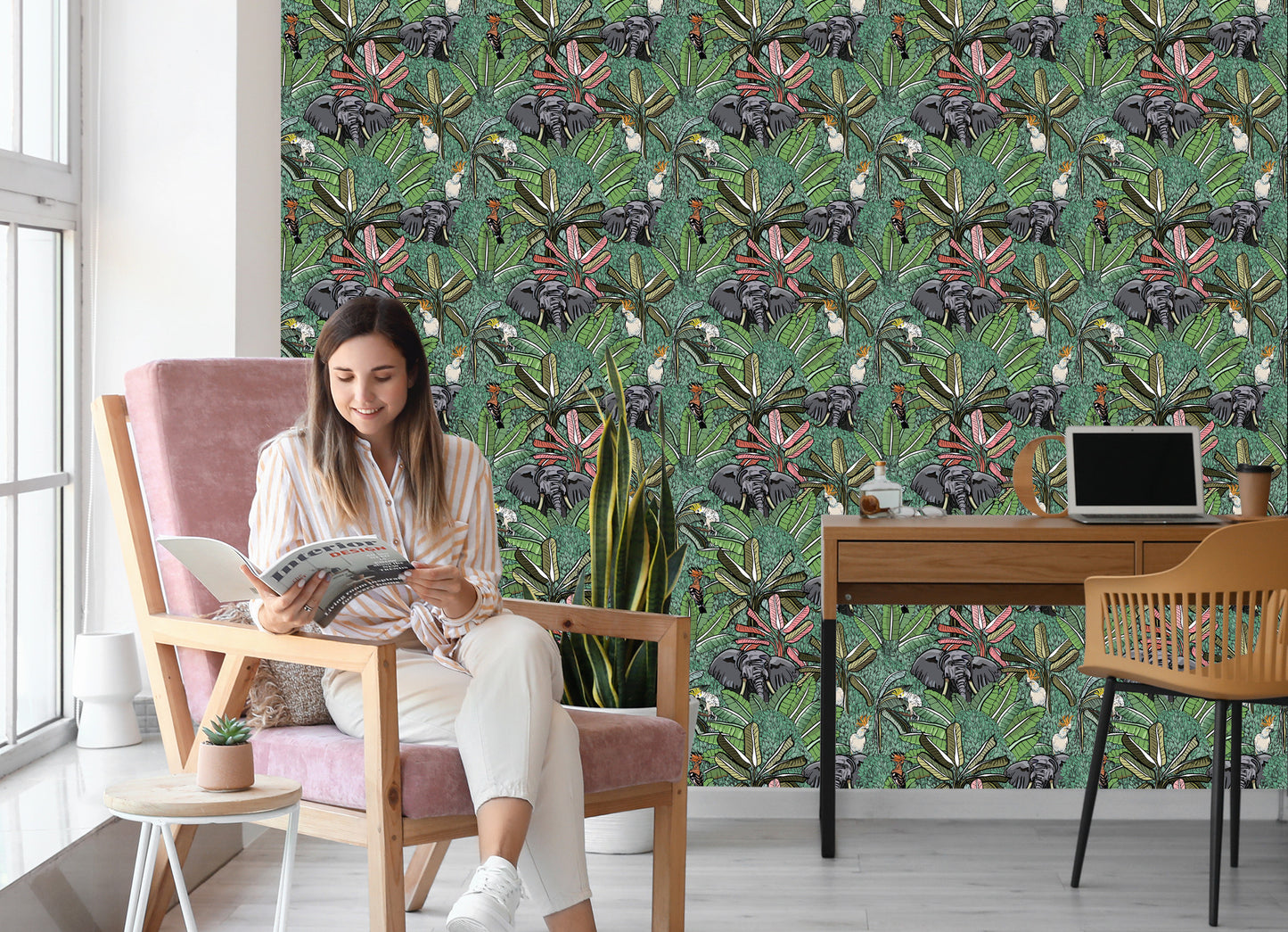 Wallpaper Elephants, Birds And Trees