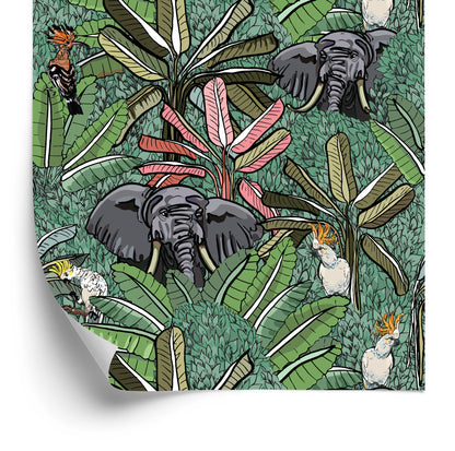 Wallpaper Elephants, Birds And Trees