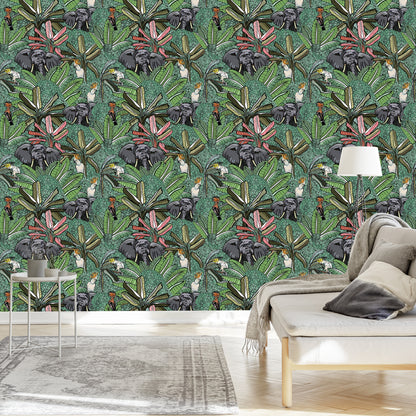 Wallpaper Elephants, Birds And Trees