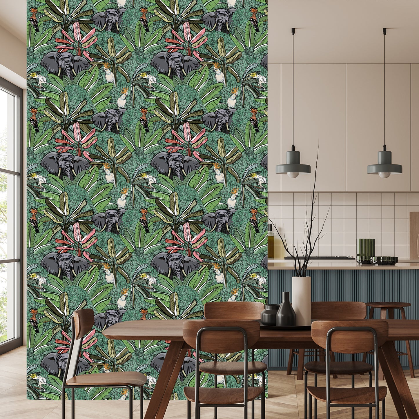 Wallpaper Elephants, Birds And Trees