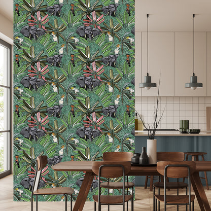 Wallpaper Elephants, Birds And Trees