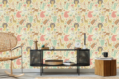 Wallpaper For Children. Safari. Elephants. Lions. Zebra. Plants