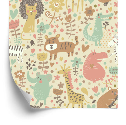 Wallpaper For Children. Safari. Elephants. Lions. Zebra. Plants